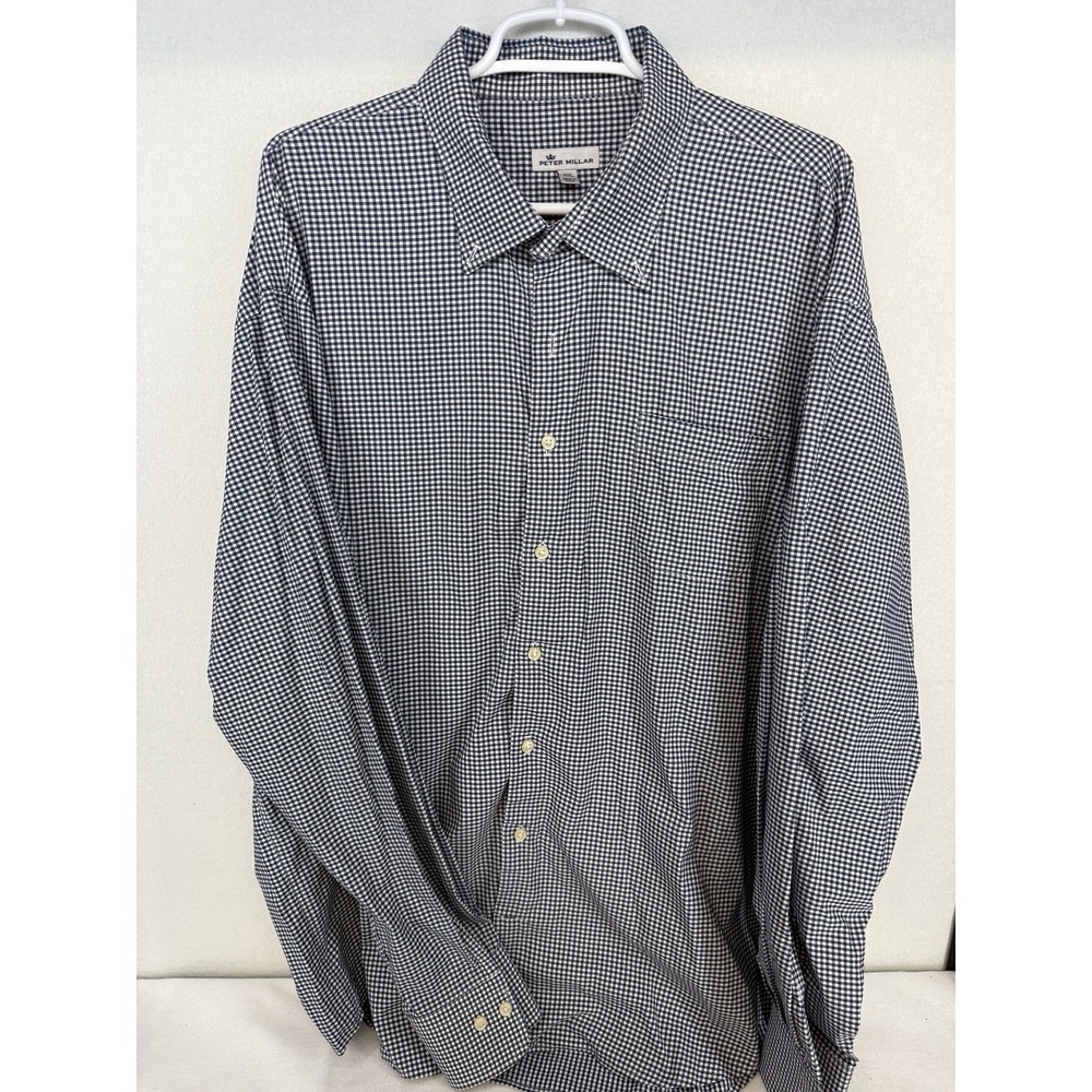 Peter Millar Men's Navy White Gingham Check‎ Plaid Long Sleeve Button Up 2XL